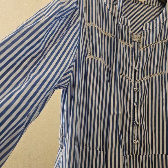 Boho Cottagecore NWT blue stripe midi Peasant Coastal dress embroider pocket XL - Picture 9 of 13